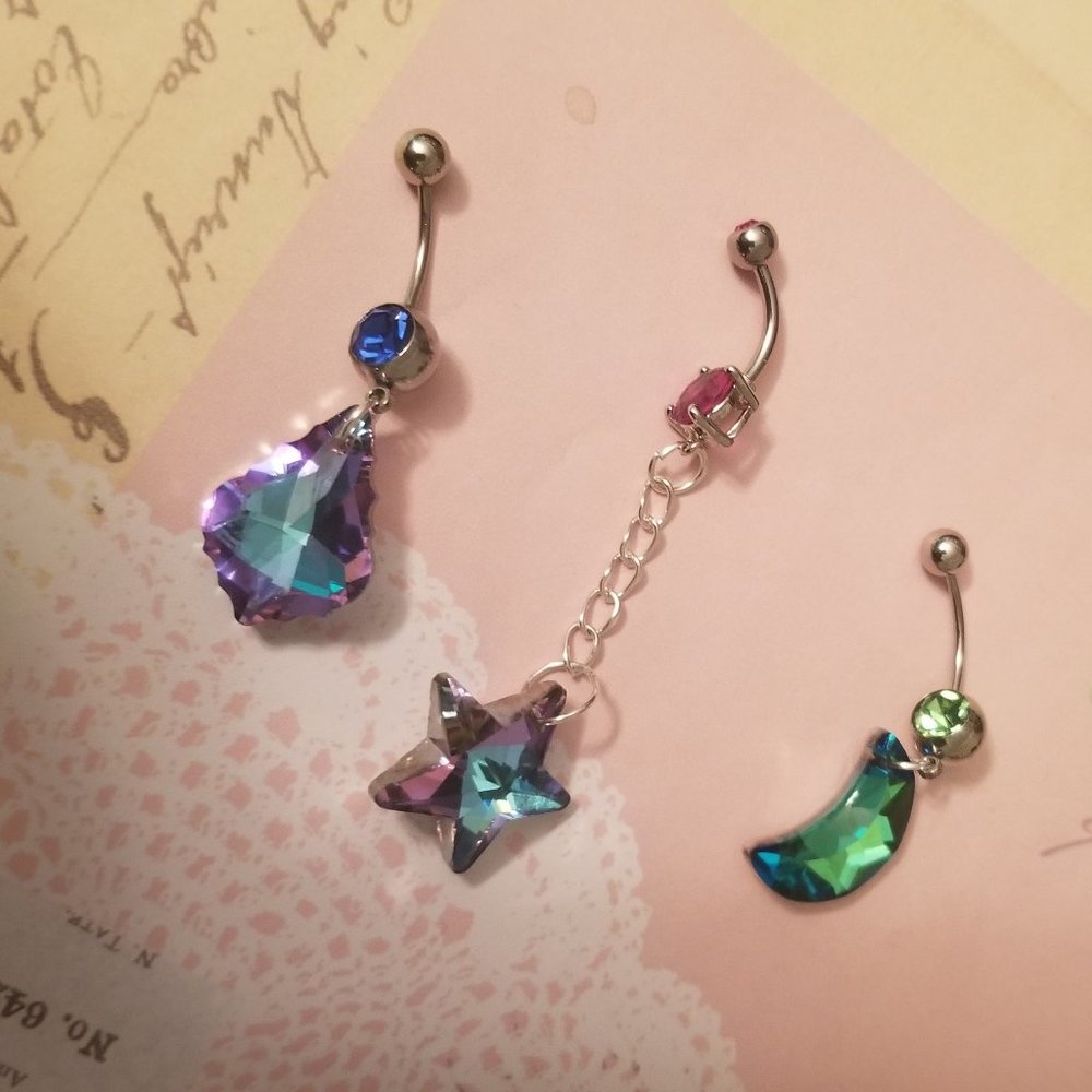 New  Lot of 3 Crystal Mermaid Belly Rings 14G